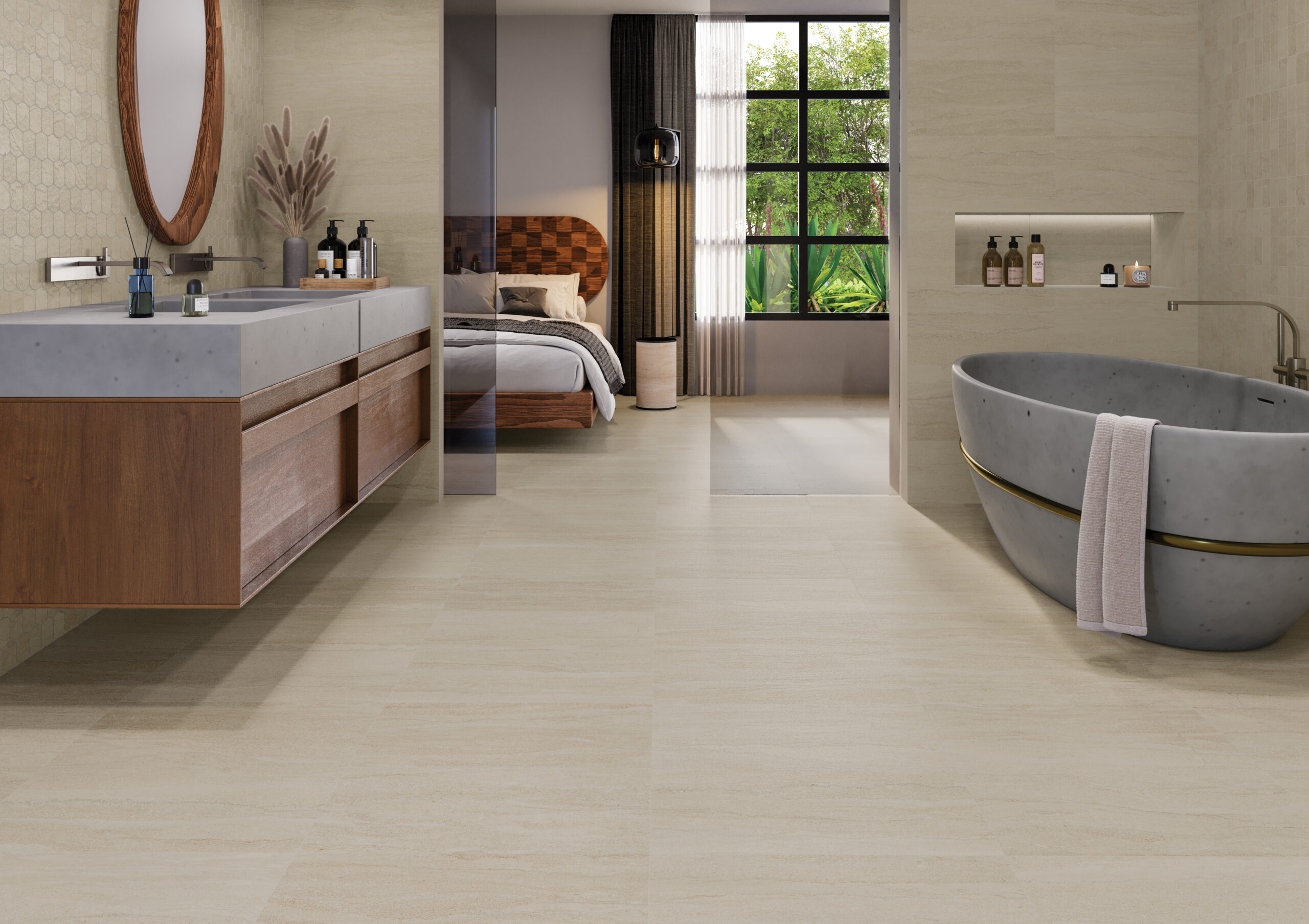 Portland stone-inspired Portland Cliff porcelain tile in hotel guest room bathroom