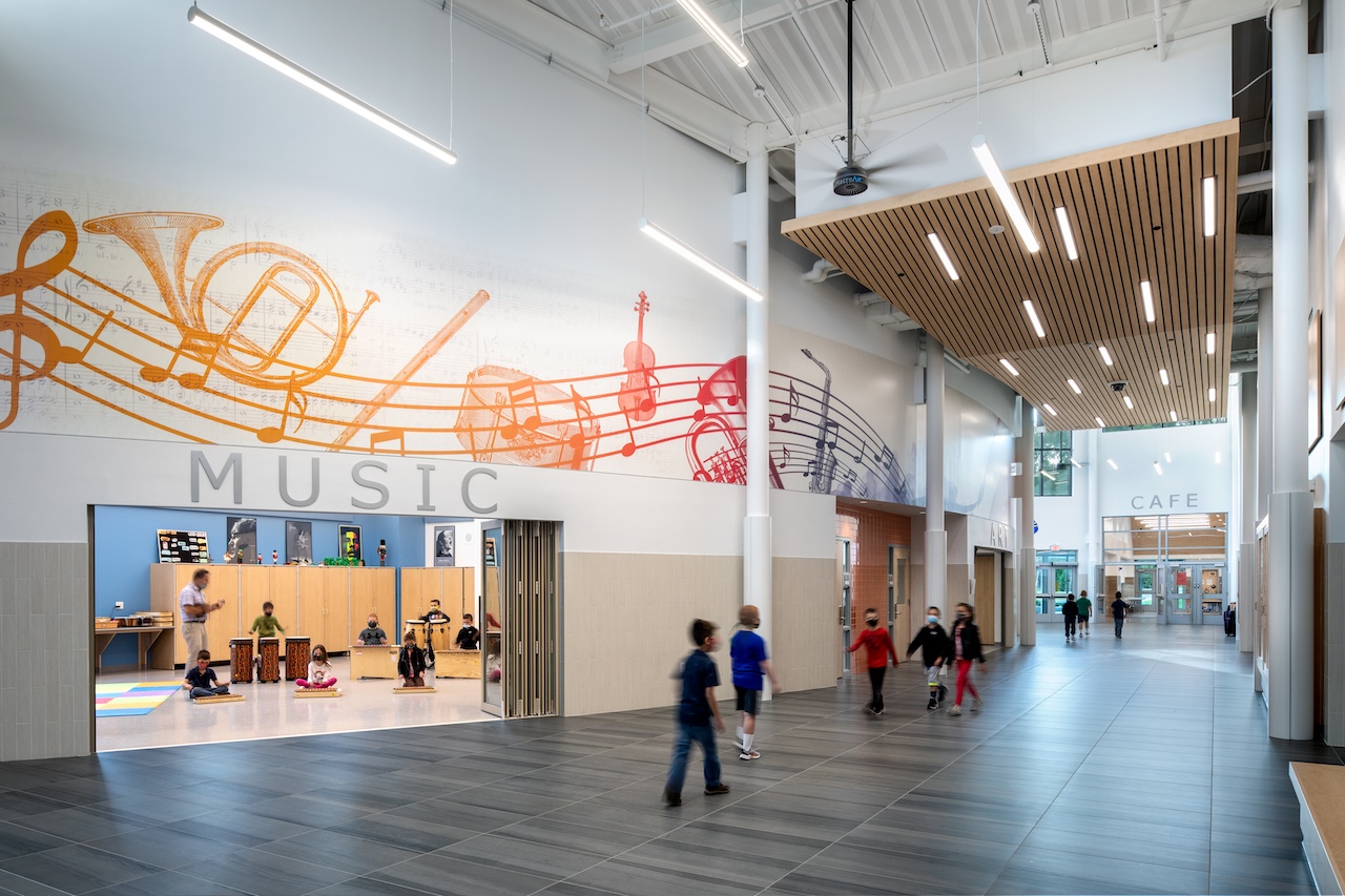 School corridor with children walking through