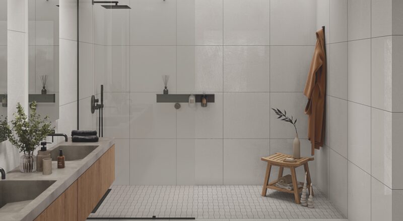 Bathroom and large walk in shower with Sand Garden porcelain tile with Visual Touch on walls and floors