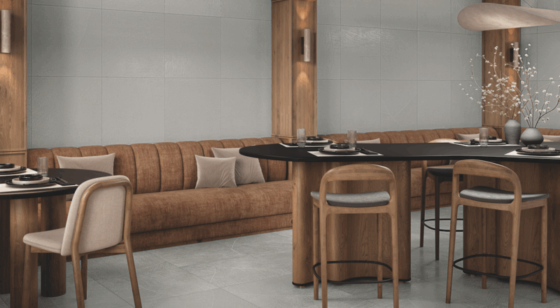 Restaurant with sand Garden porcelain tile with Visual Touch on floors and walls