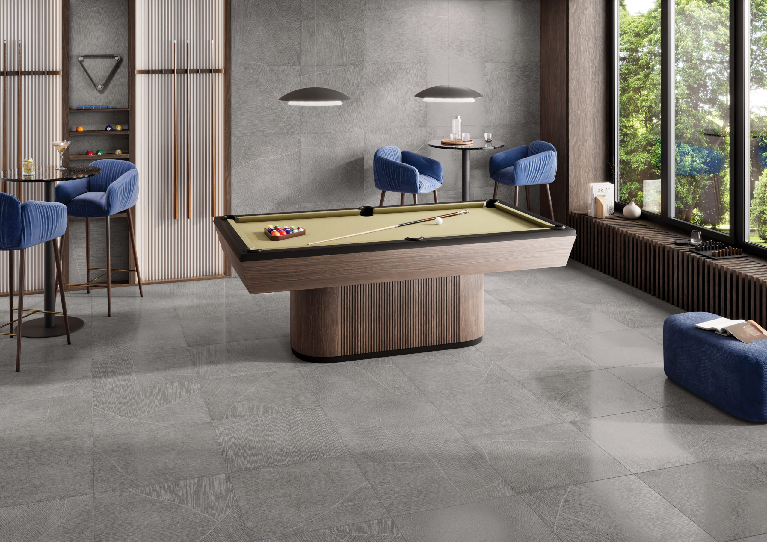 Contemporary game room featuring Crossville’s Sand Garden™ porcelain tile on floors and walls, showcasing its subtle texture and tonal variation in a calm, minimalist space.