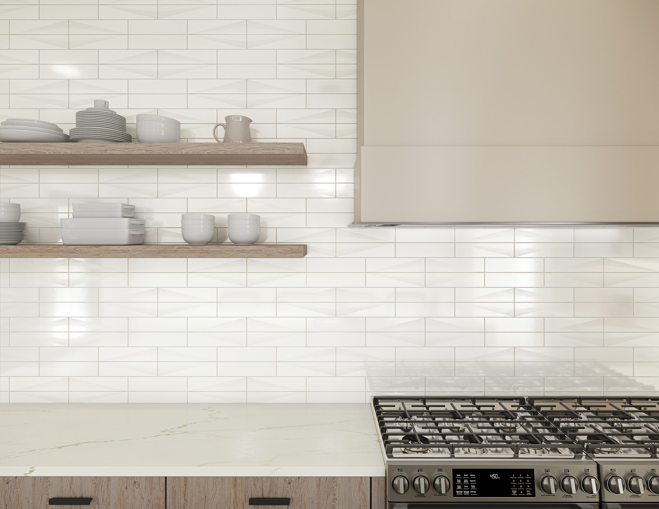 nippet wall tile is installed in a horizontal brick layout, with each piece featuring a directional surface graphic in a stacked arrangement.