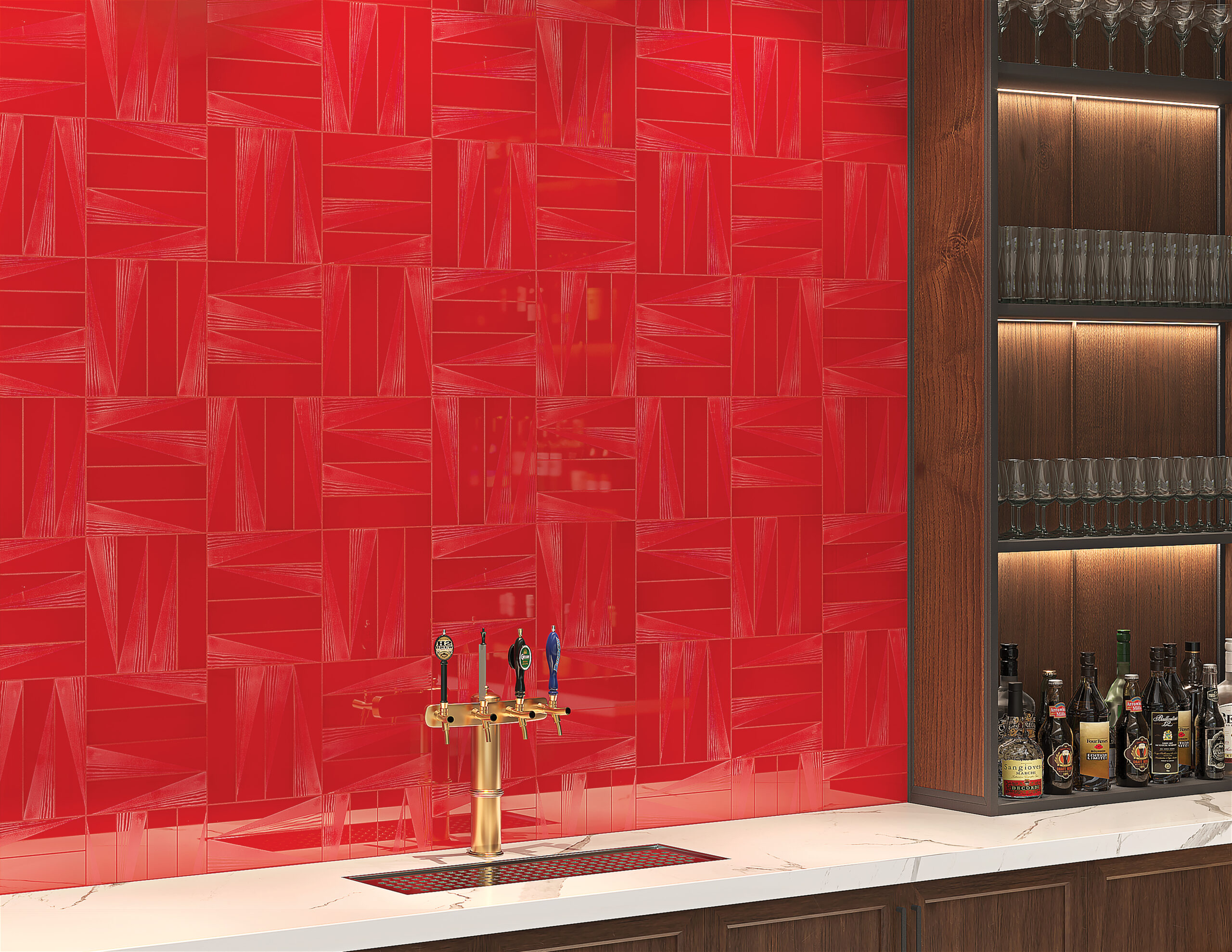 Snippet tile in red on bar backsplash