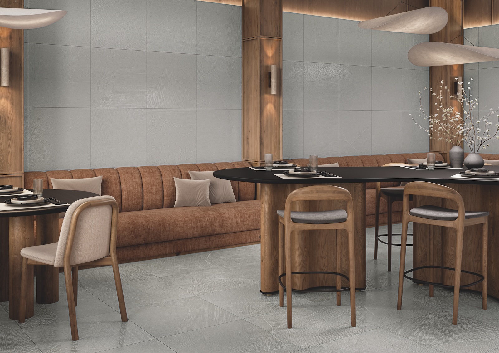 Restuarant bar with mushroom colored DSand Garden on floors and walls
