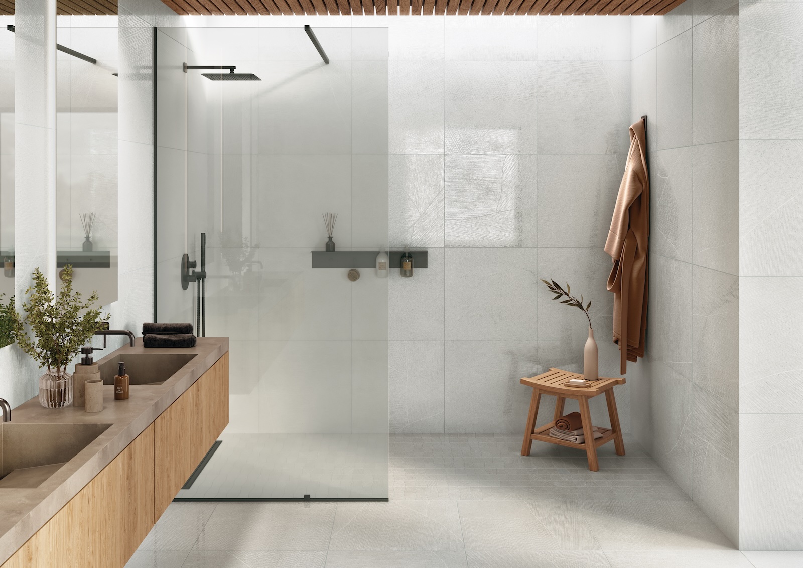 Modern bathroom with cream colored Sand garden porcelain tile on floors and walls
