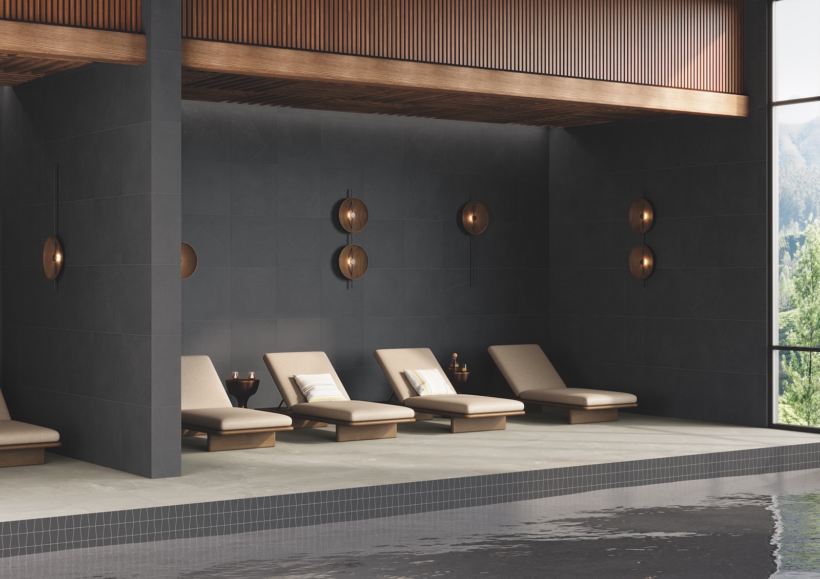 Hospitality rooms scene-spa pool with Sand Garden porcelain tile in charcoal color on wall, deck and waterline.