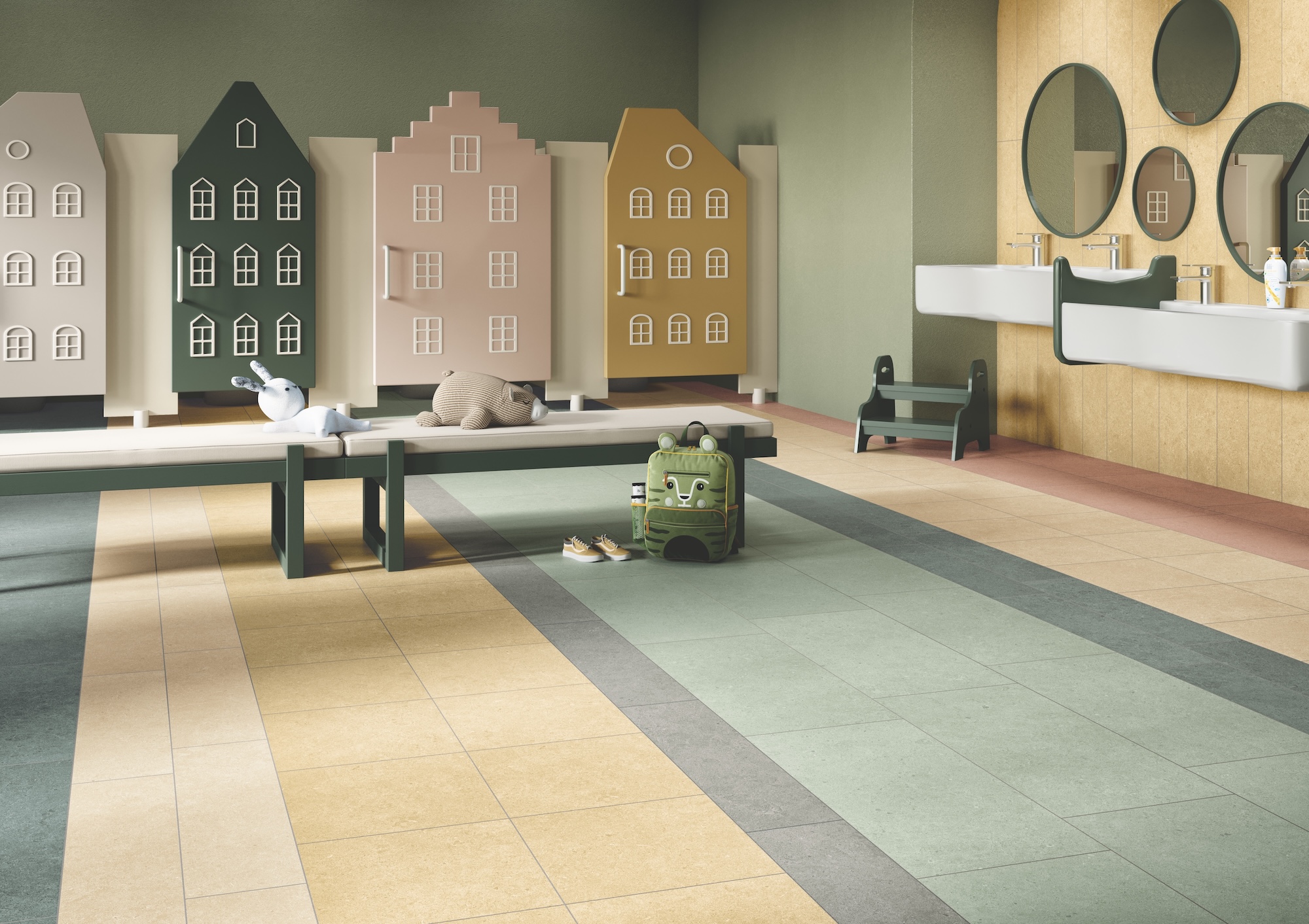 School room with tile on floor in several colors