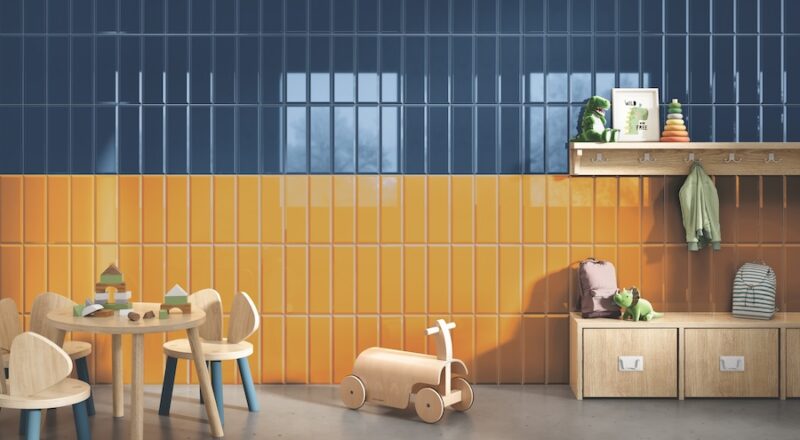 Subway tiles in verticcal stack in an educational space