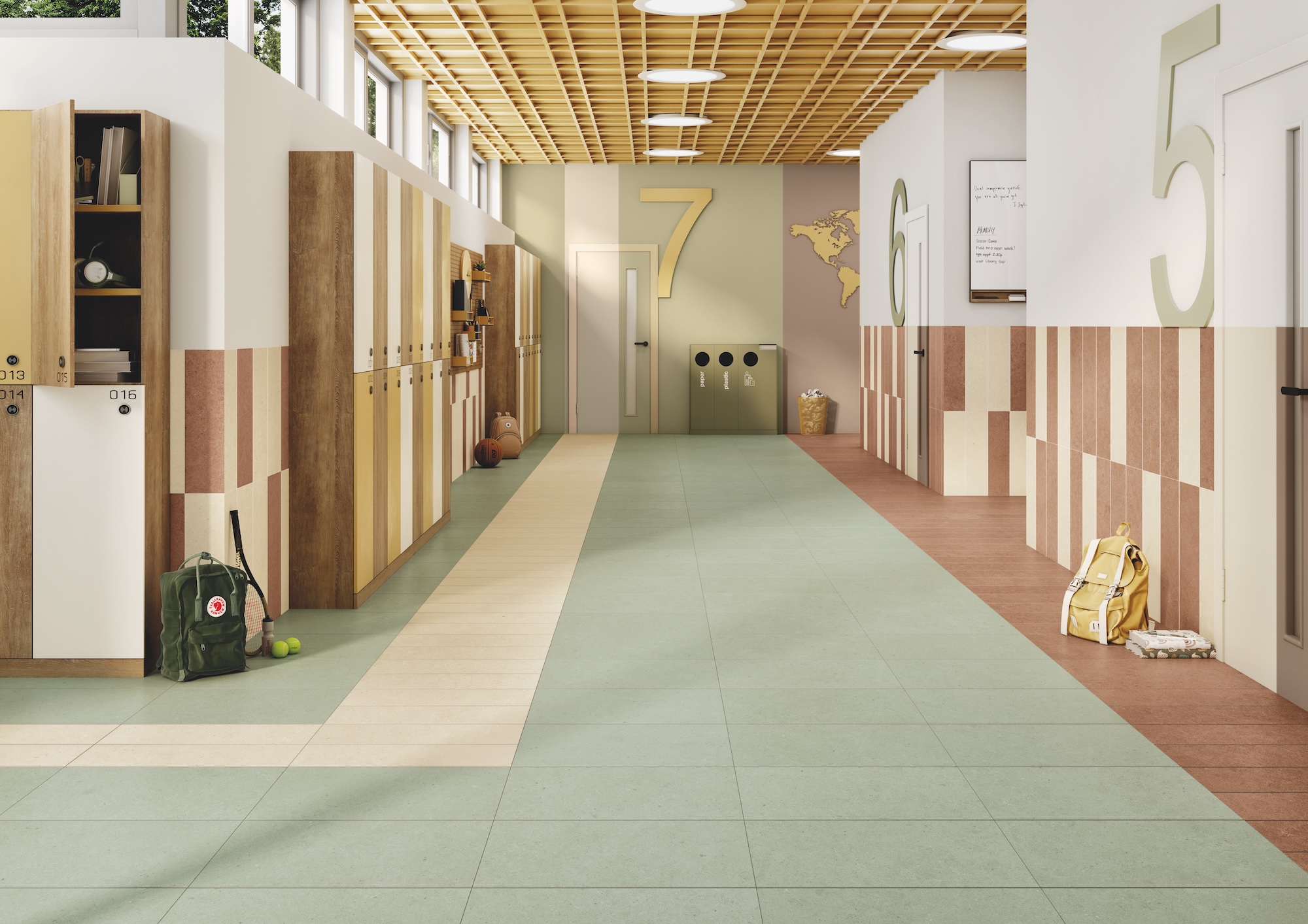 Scholl hallway with porcelain tile on floor and walls