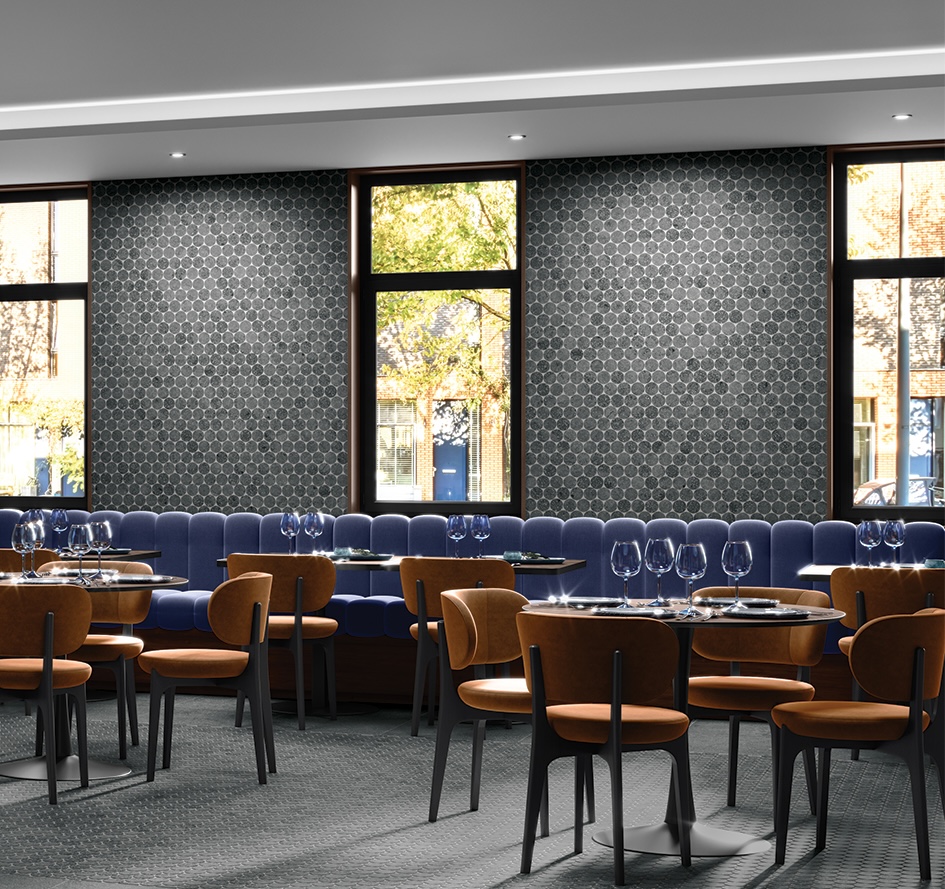 Trajectory circle mosaics on restaurant wall