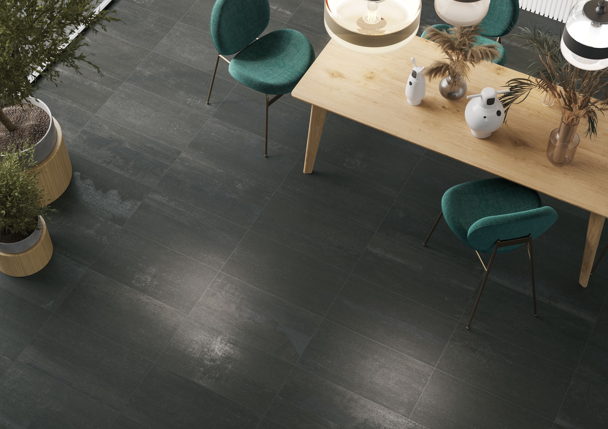 Kitchen with Native Metal porcelain tile on floor