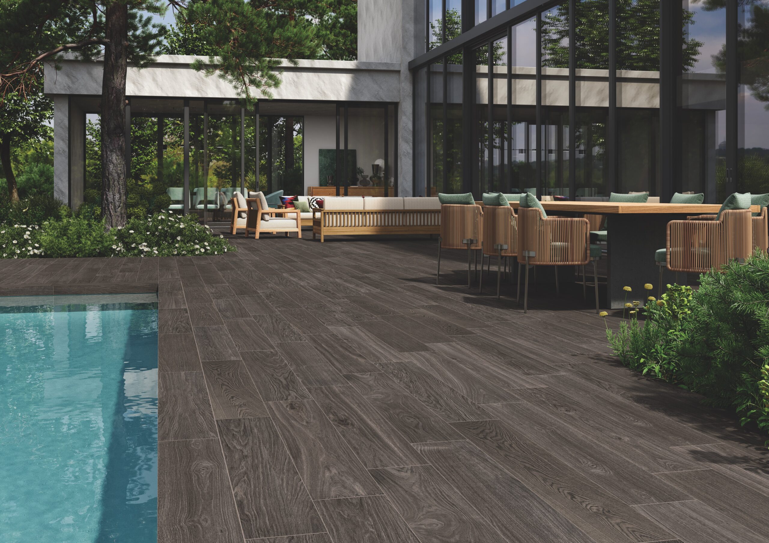 wood look porcelain pool deck, hospitality space