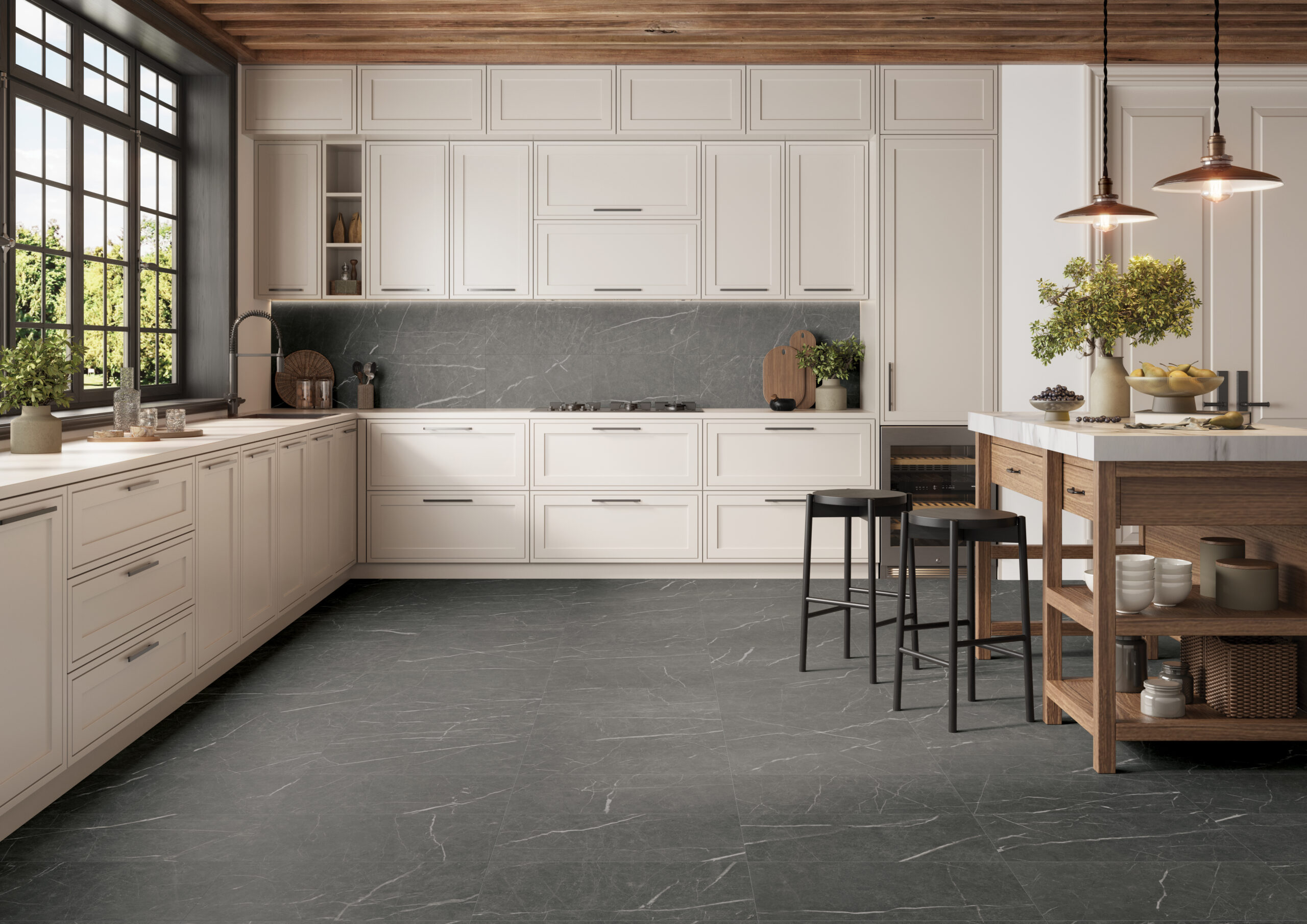 Sociale porcelain tile on kitchen floor and backsplash