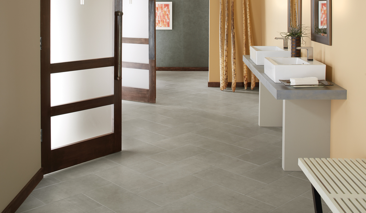 Gotham concrete look porcelain tile on floor of spa