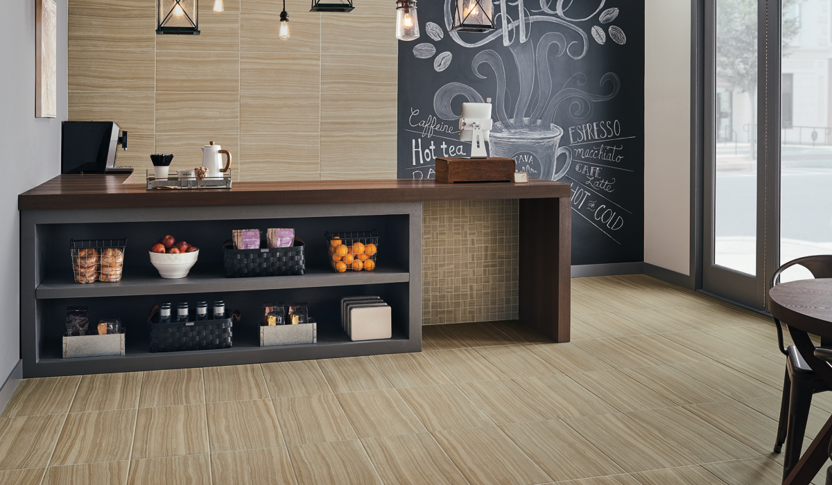 Coffee-inspired Java Joint porcelain tile on floor and walls of coffee shop