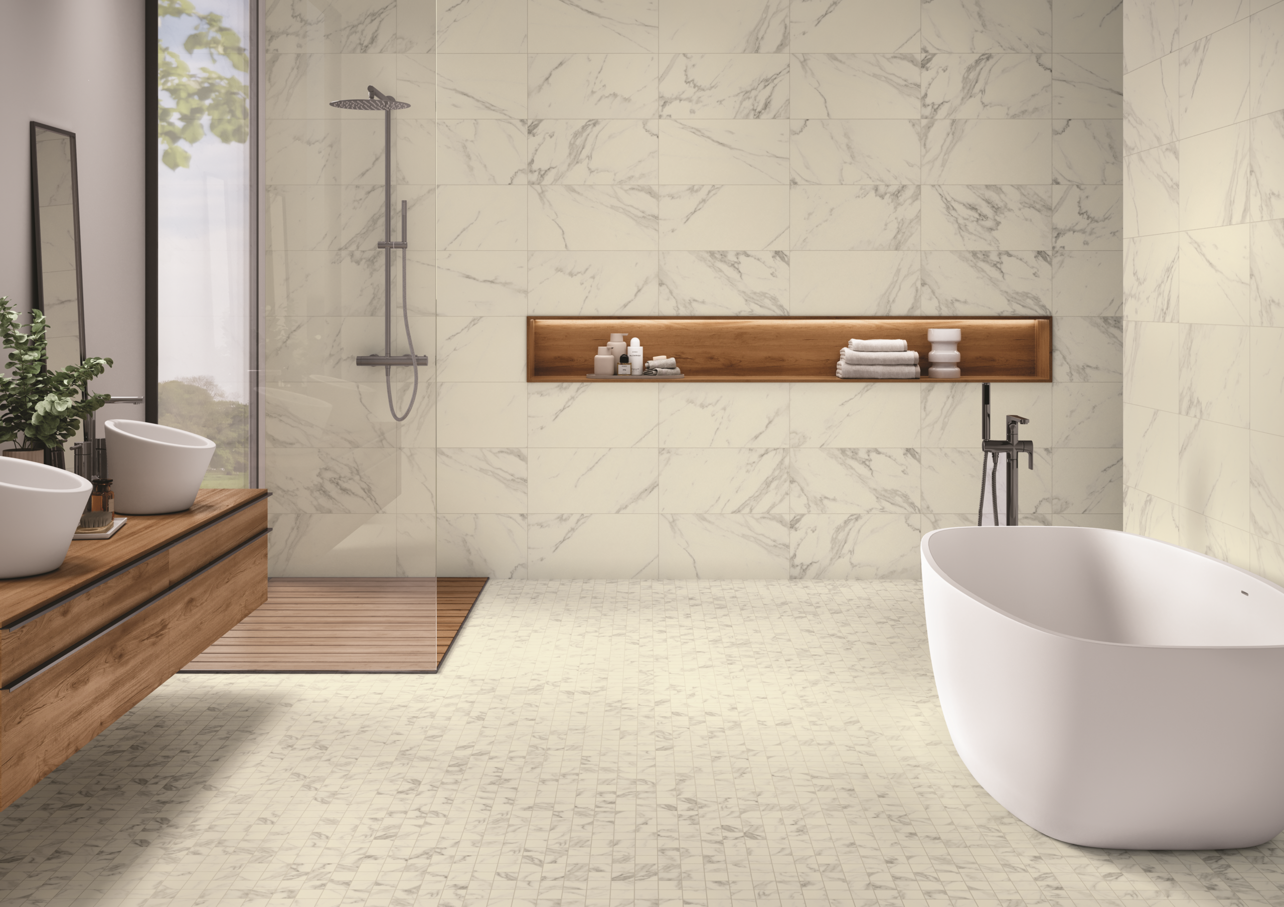 Marble-look Access Point porcelain tile on bathroom floors and walls