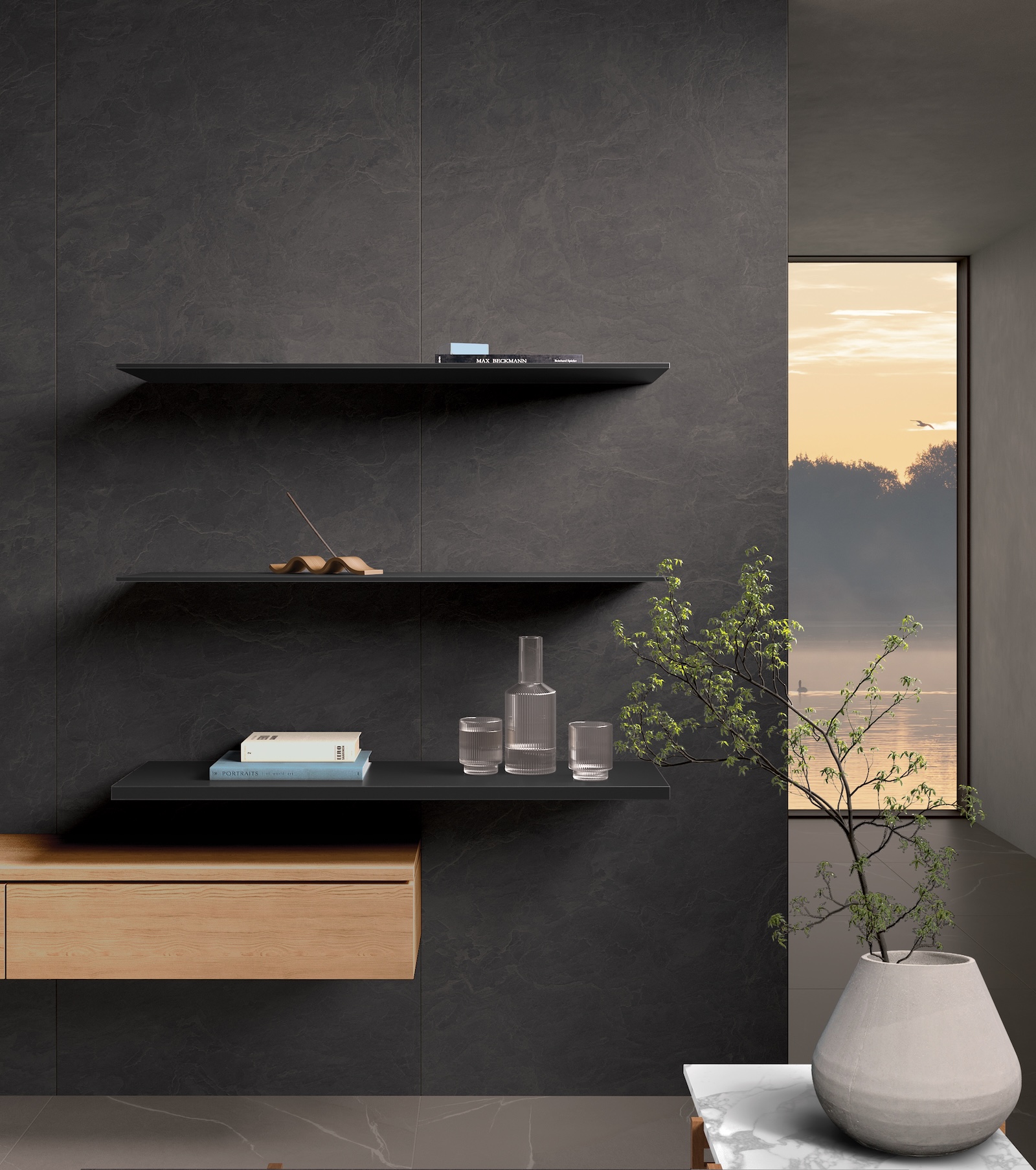 Slate porcelain panels by Laminam on walls in hoetl spa