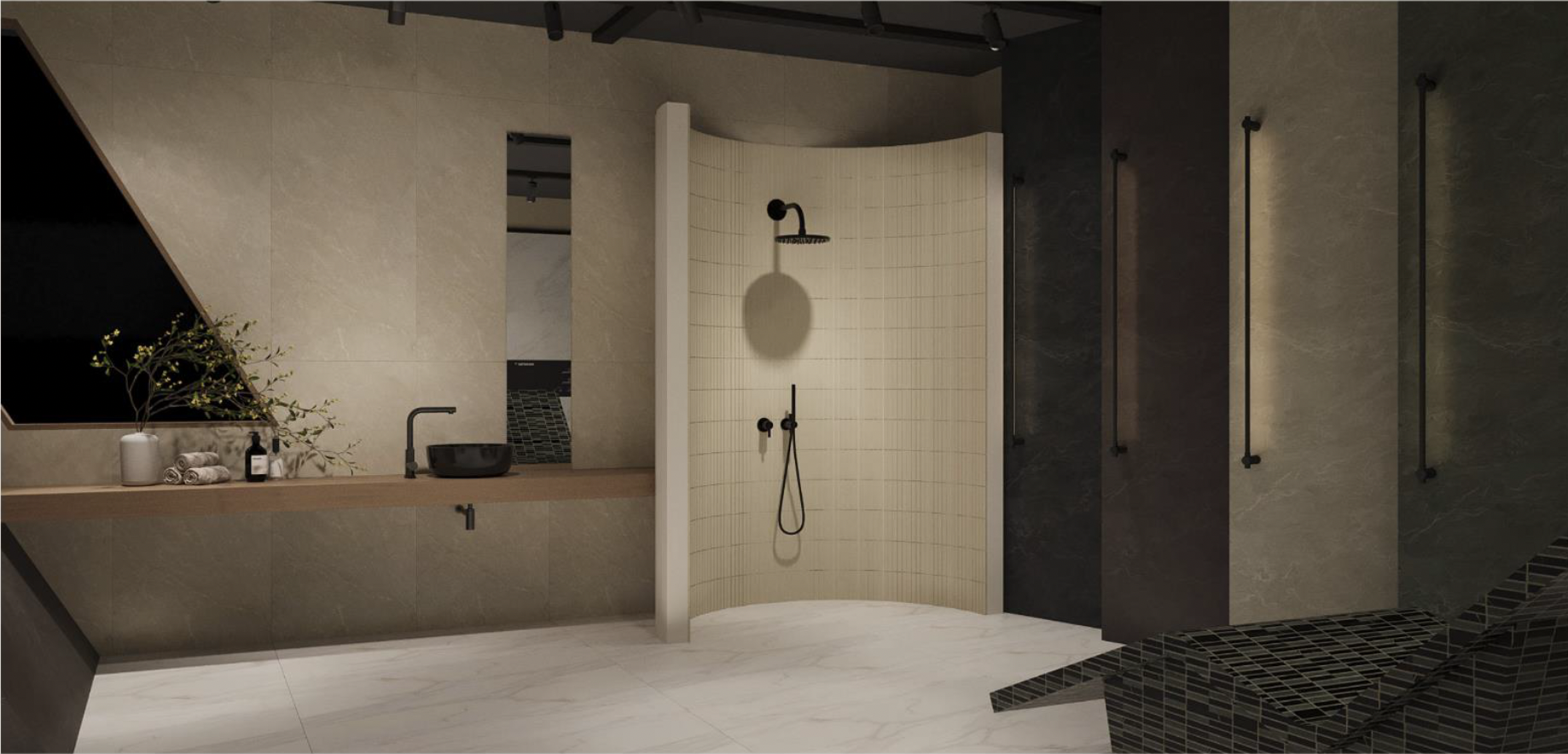 Coverings booth with tiled spa vignette