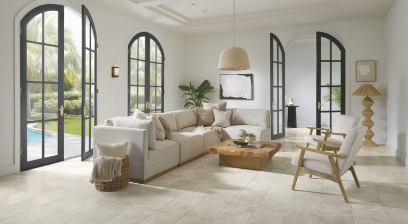 Living room with quartzite-inspired Cleve porcelain tile on floor