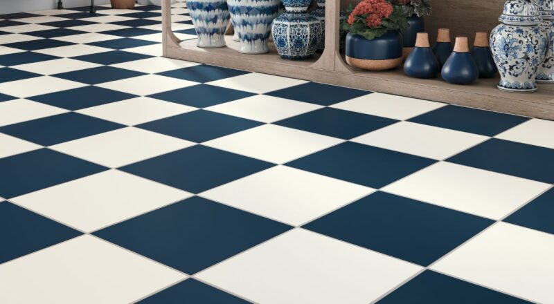 Checkerboard porcelain tile floor in blue and white
