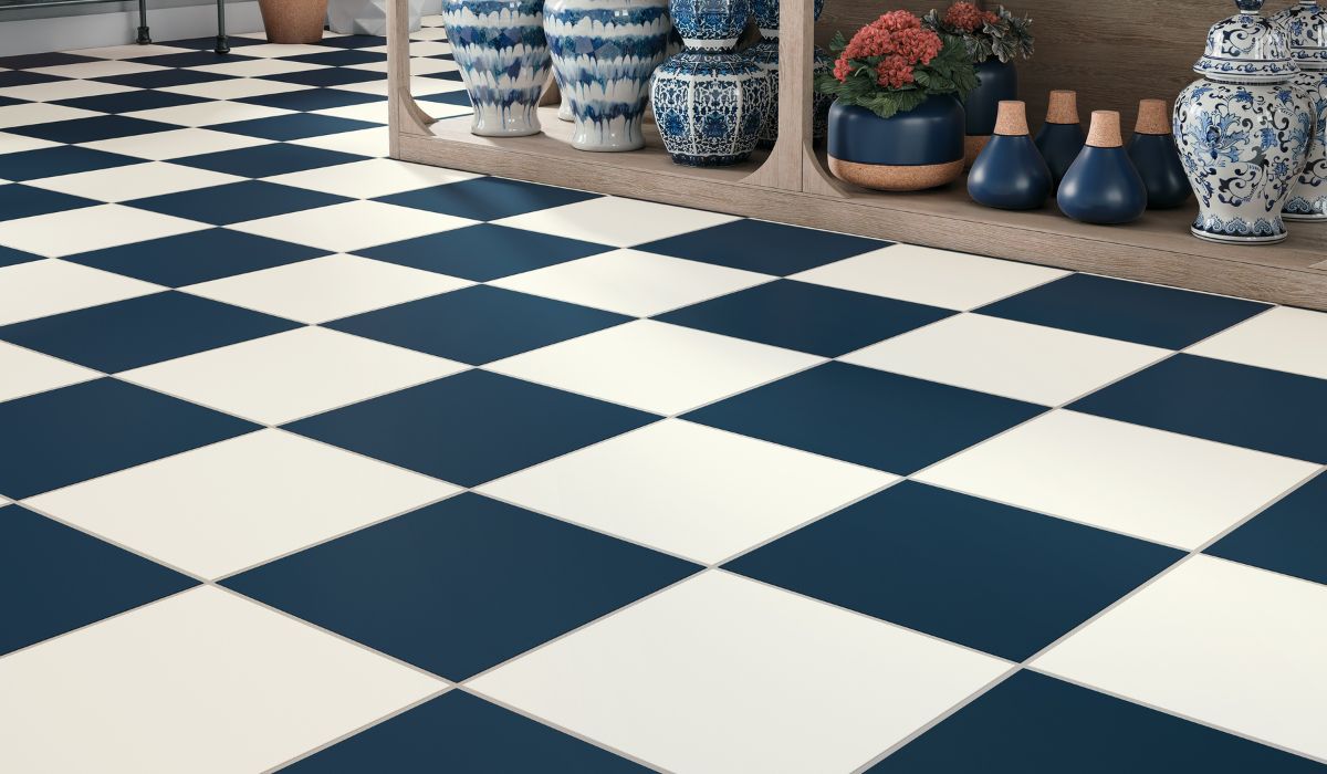 Checkerboard porcelain tile floor in blue and white