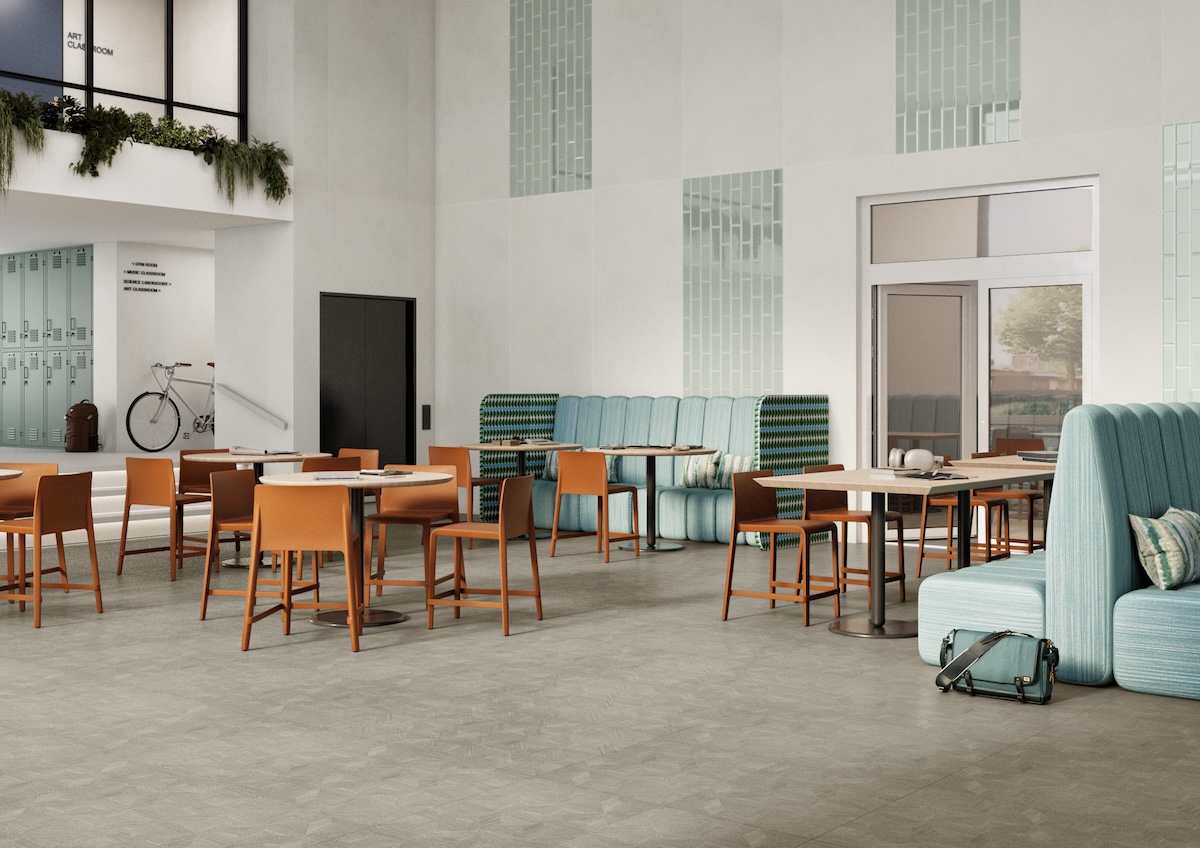 Resilient flooring on cafeteria floor and ceramic wall tile 