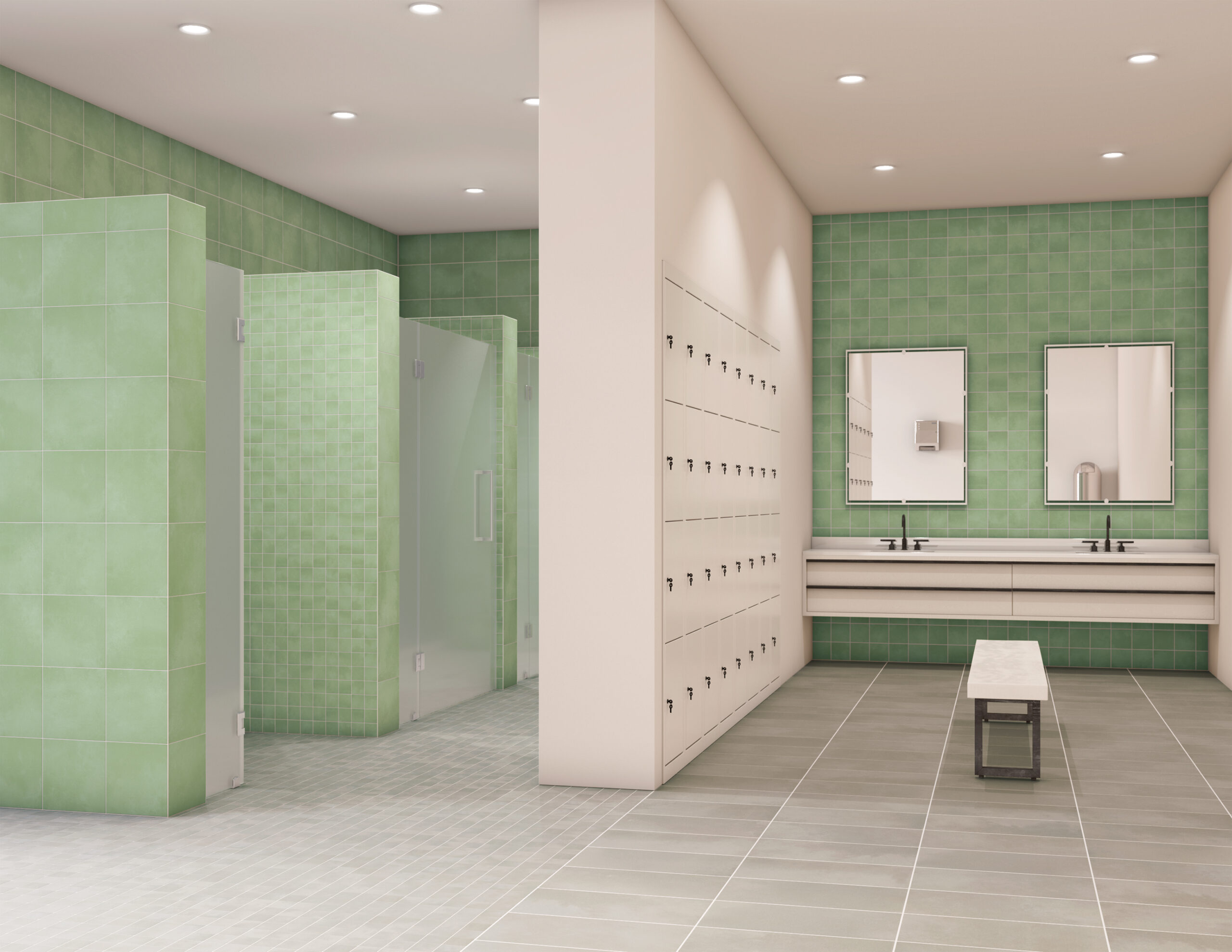 Crossville tile in school locker room, walls and floors 