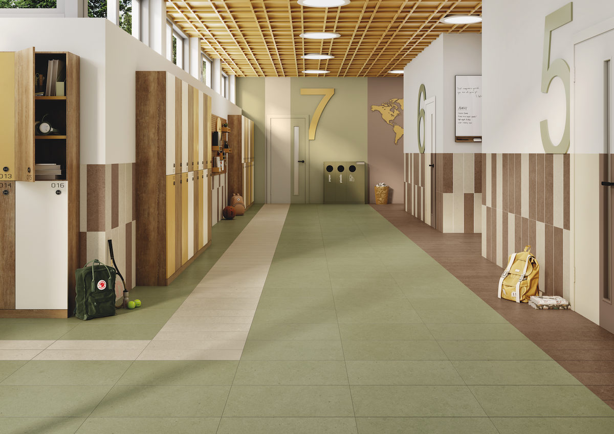 Crossville tile in a school corridor, floors and walls