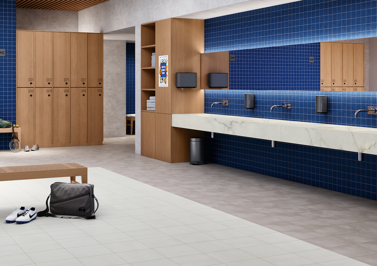 Crossville tile in school restroom, walls and floors