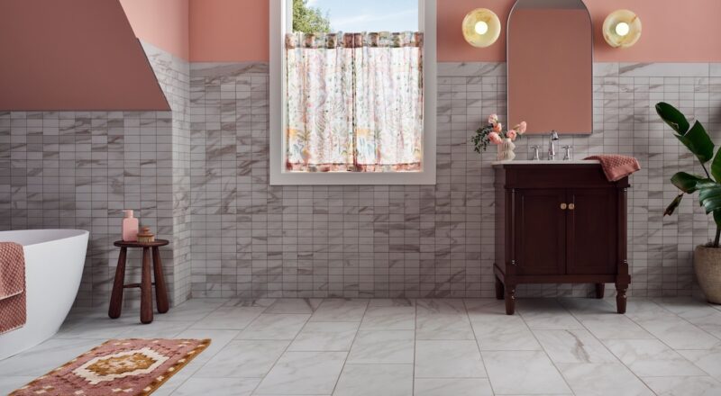 Pink bathroom with marble-look porcelain tile