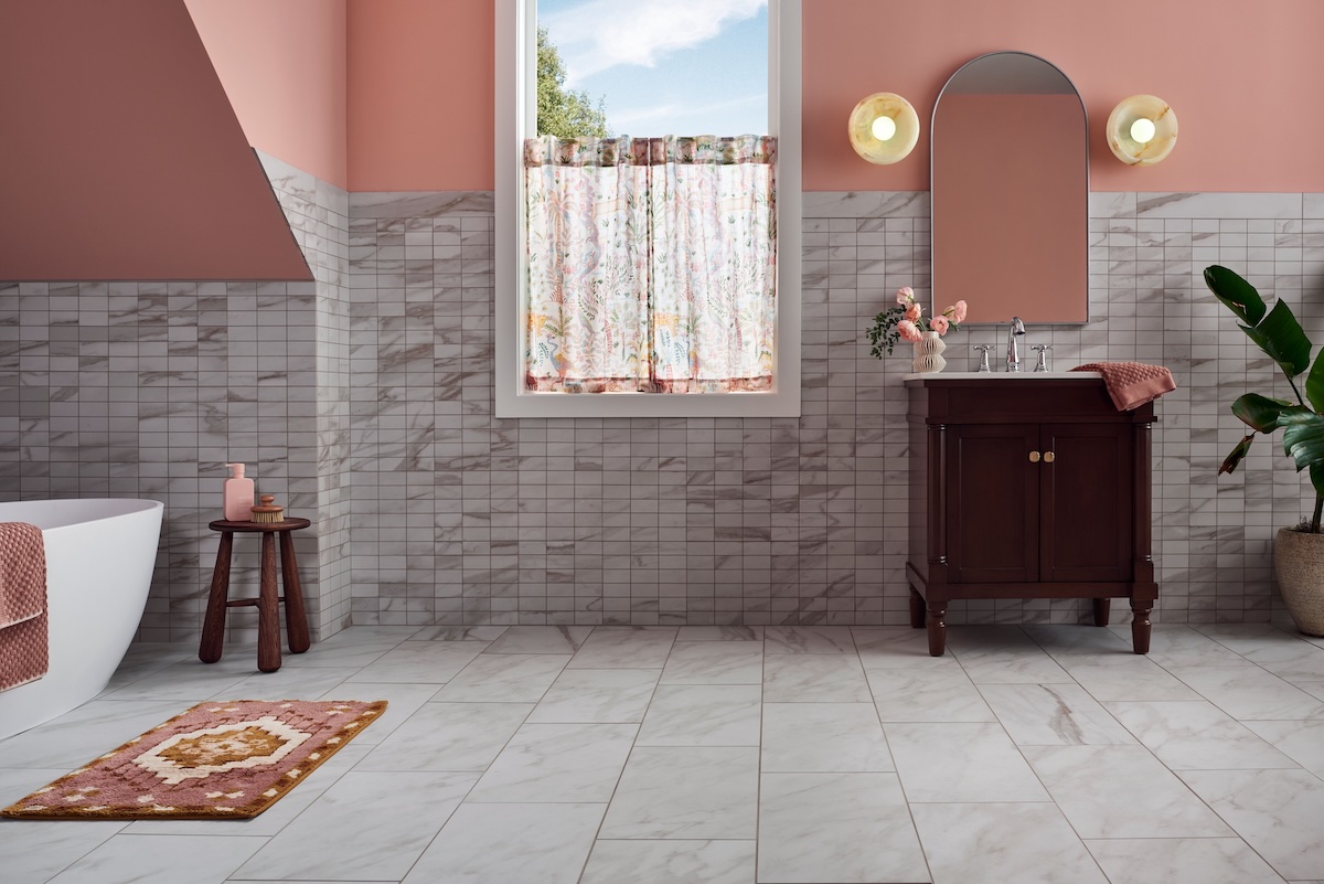 Pink bathroom with marble-look porcelain tile