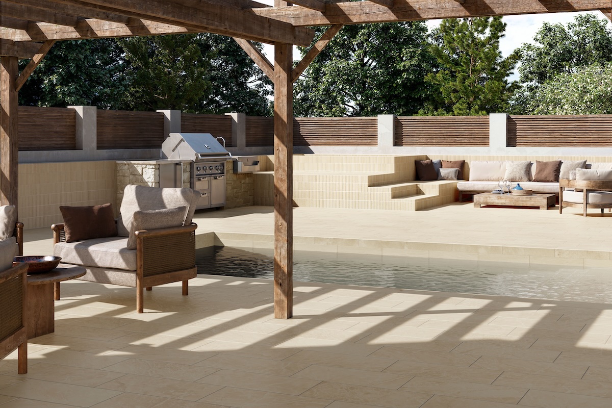 CRossville's reunited porcelain in exterior finish for pool decking and patio