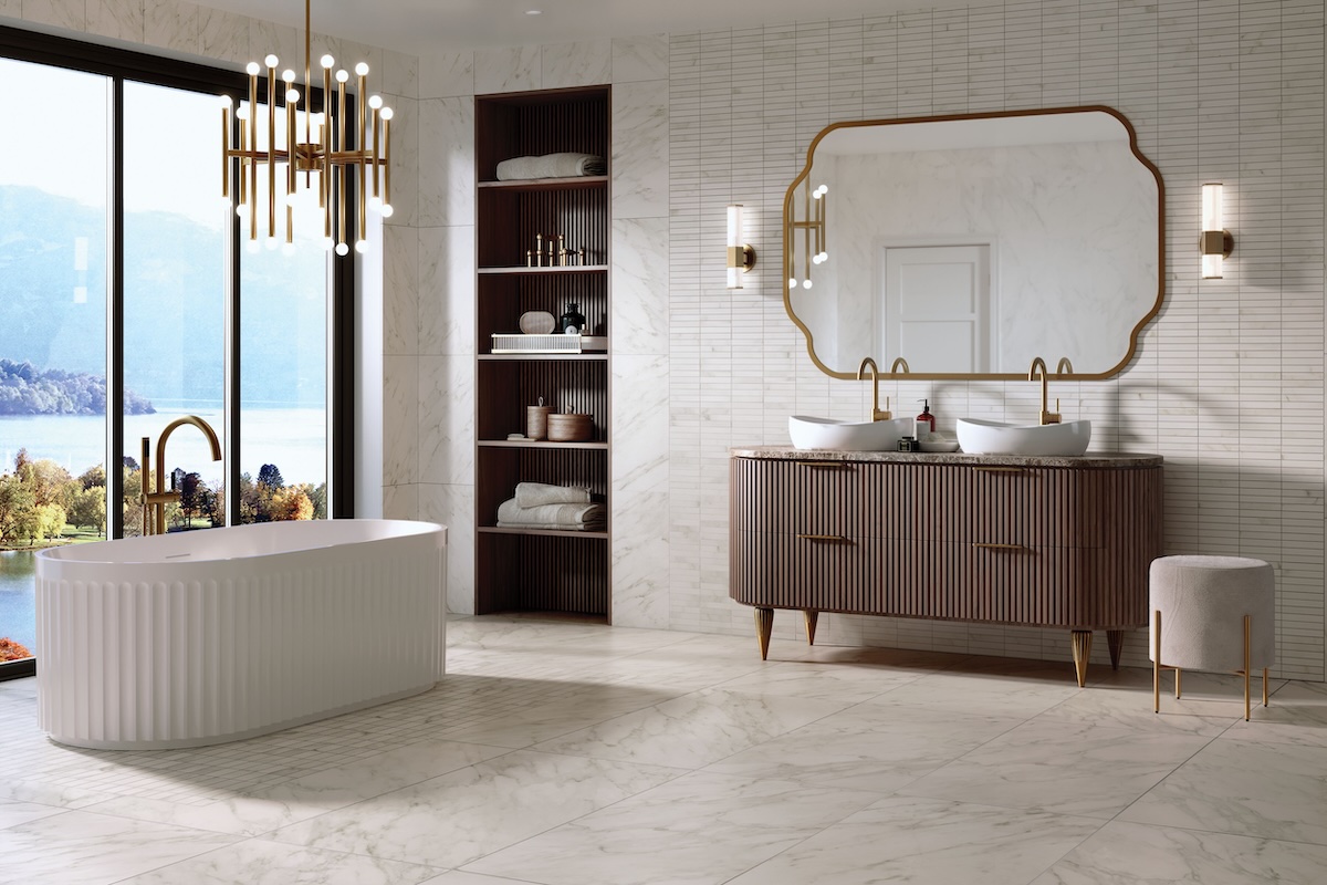 Spa-like bathroom with Reunited marble-look porcelain tile on walls and floor.