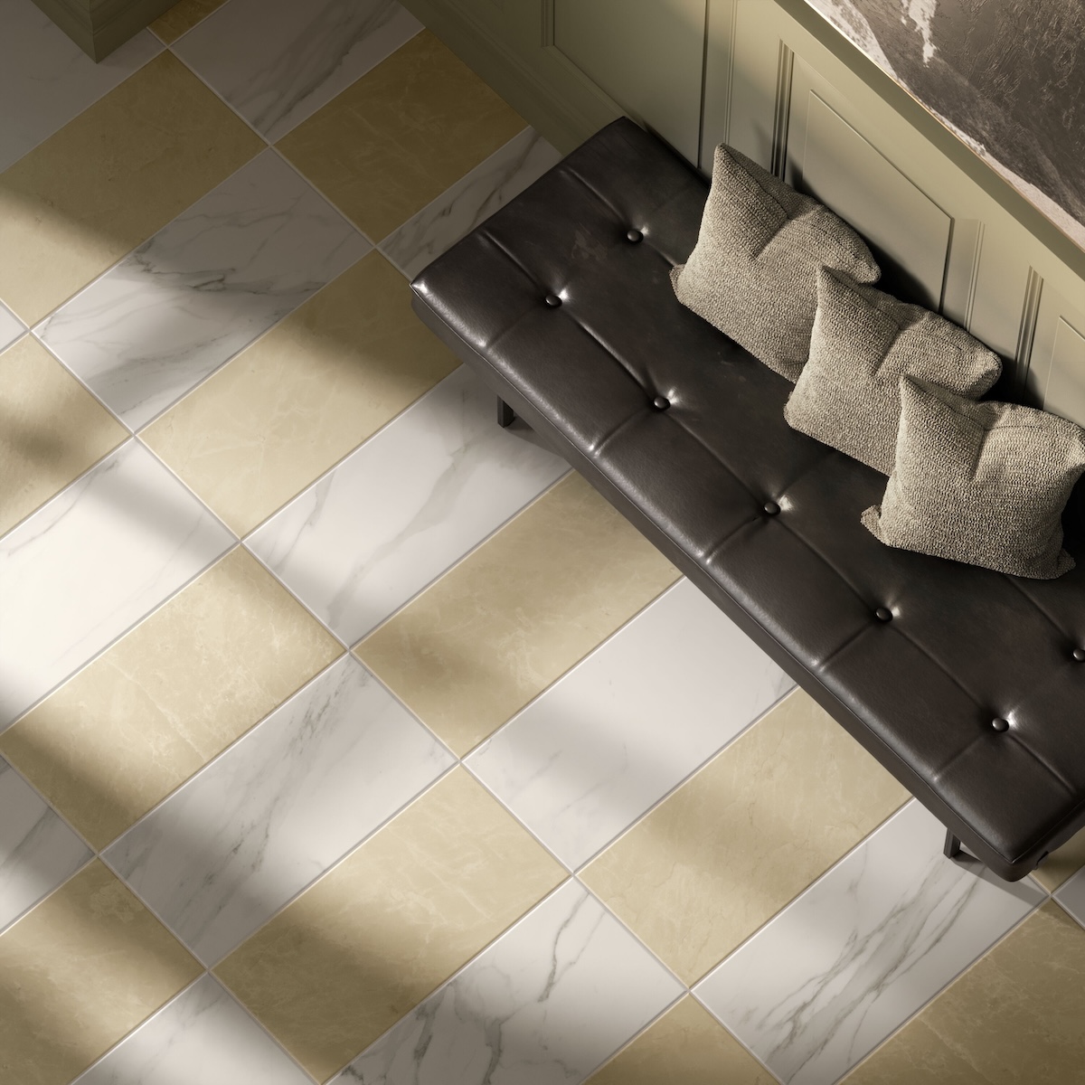 Reunited marble-look porcelain tile in the Oro and Avorio colorways.