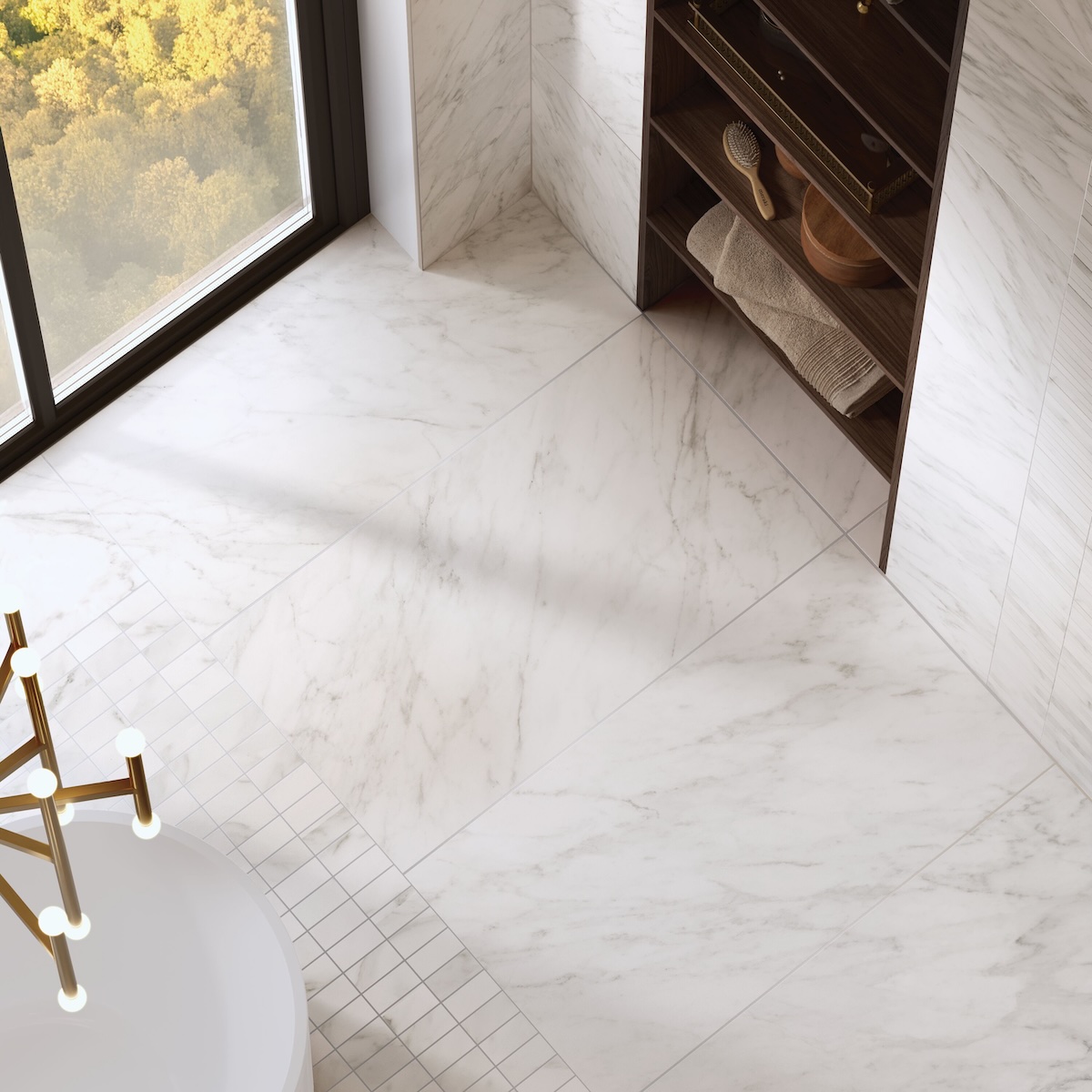 Reunited porcelain tile in the Apuano colorway.