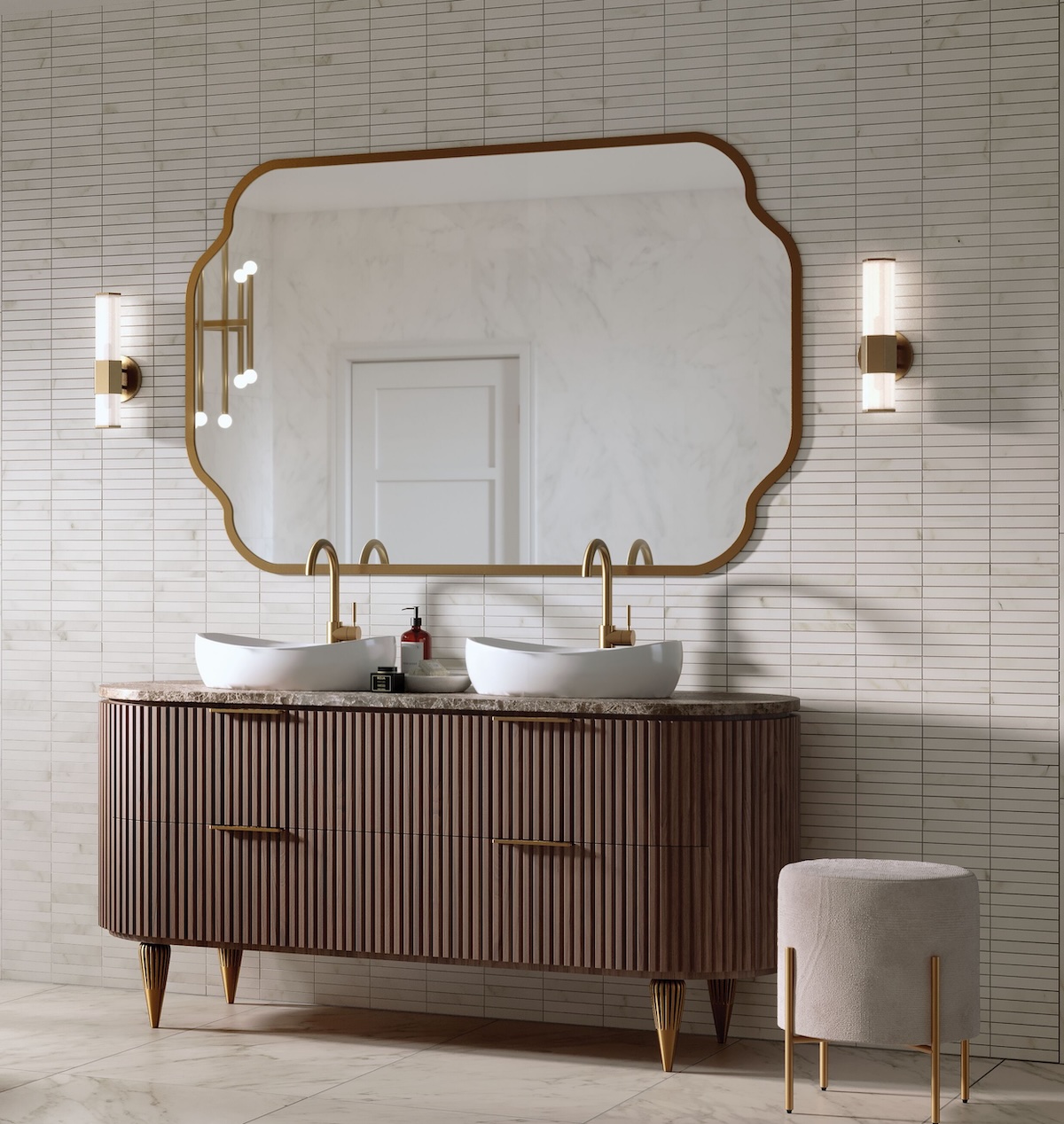 Marble-look Reunited stacked 1' x 6' mosaics on bathroom wall