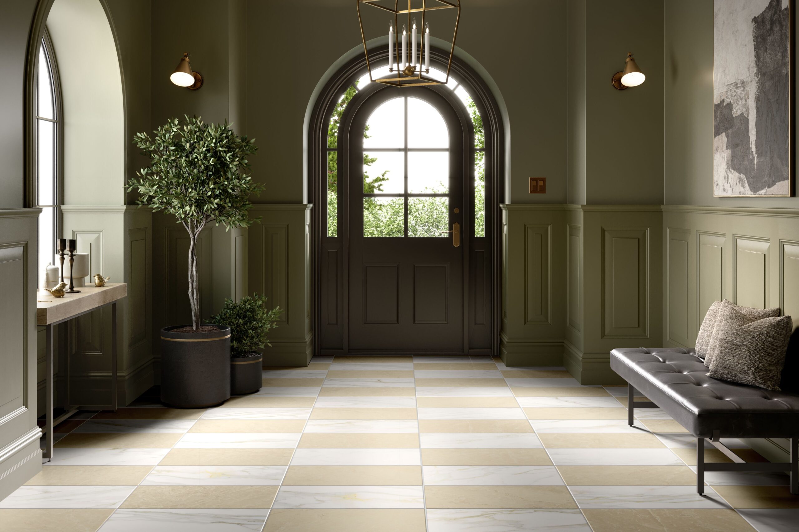 Entry with checkerboard patterned Reunited porcelain tile with Feathersoft finish