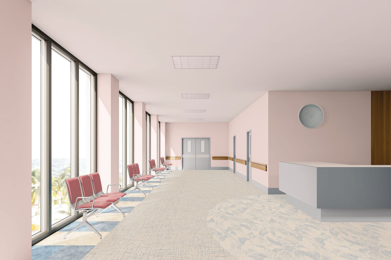 Armstrong Flooring Kaleido Color Lab LVT floor in a women's health medical cente, soft blue and cream flooring and pastel pink walls