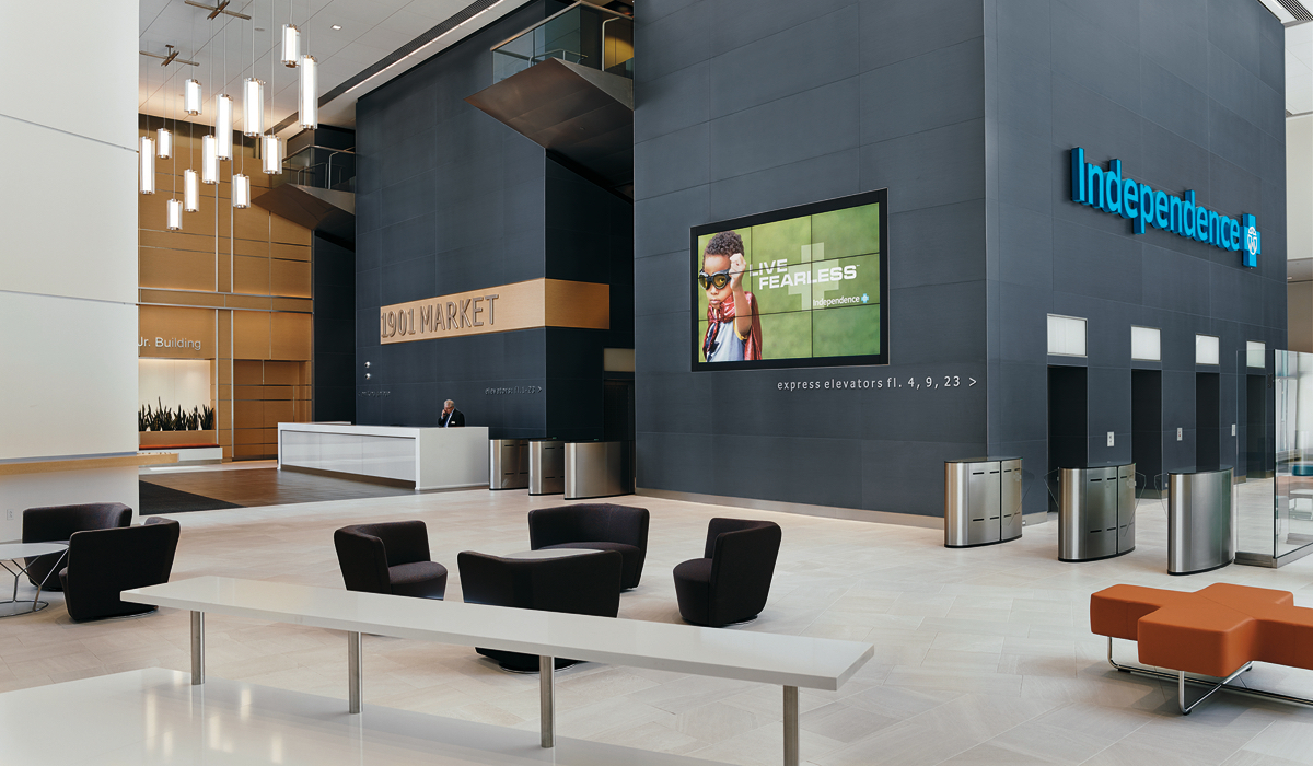Filo porcelain panels in elevator bank walls