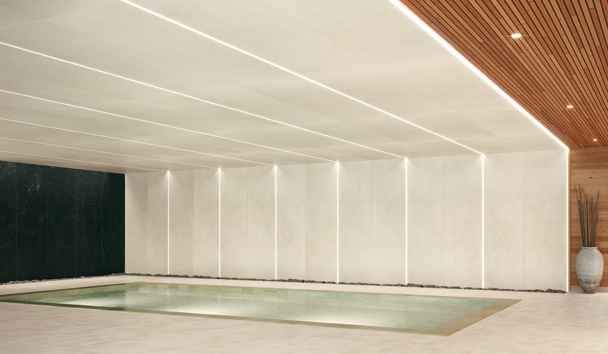 Calce porcelain panels i on wall and ceiling of indoor hotel pool 