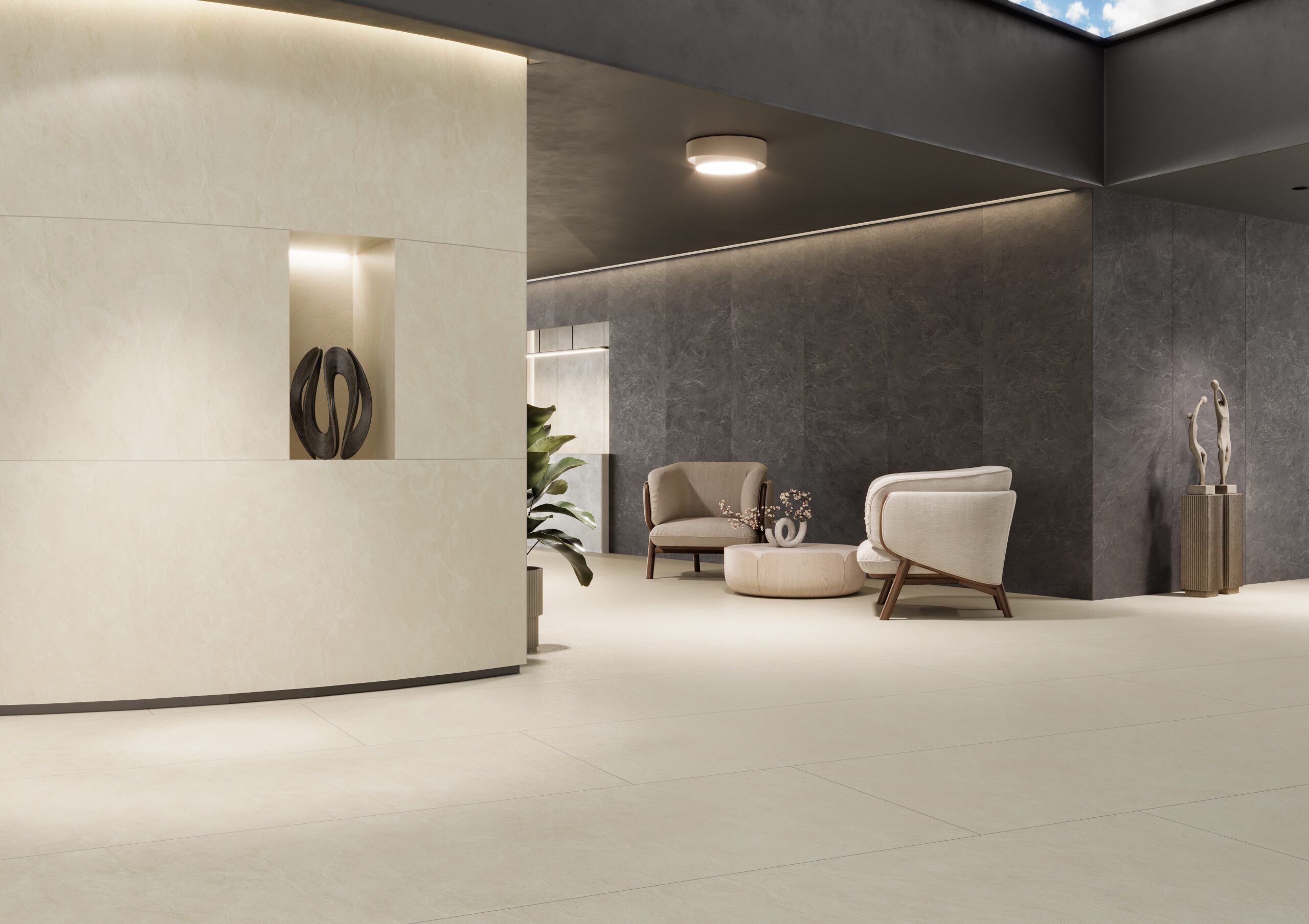 Slate porcelain panels in hotel lobby