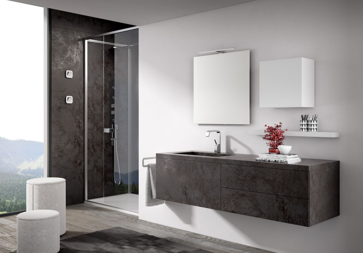 Oxide porcelain panels in hotel guest room bathroom 